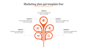 Marketing plan PowerPoint template with an orange abstract infographic design with icons and captions on a white backdrop.