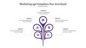 Purple leaf like infographic with five sections, each featuring icons and captions connected by dotted lines.