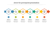Six step arrow infographic with hexagonal icons in blue, green, orange, teal, yellow, and red, with numbered options below.