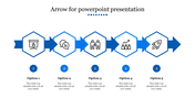 Arrow template with five hexagonal icons in a blue color scheme, depicting a business flow with numbered captions below.