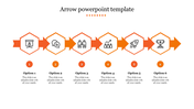 Horizontal orange arrow passing through six hexagons with icons, each linked to numbered options and editable text below.