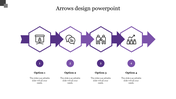 Purple arrow process flow slide with four hexagonal icons representing steps in a structured workflow with placeholder text.