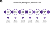 Purple Arrows PowerPoint template with six steps, each represented by a unique icon with placeholder text.