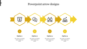 Four step process diagram with yellow arrows and hexagonal icons for structured workflow presentation with placeholder text.