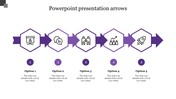 Five step process flow diagram slide with purple arrows and hexagonal icons for structured presentations with options.