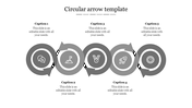 Monochrome circular arrow template featuring five loops with icons and captions titled Caption 1 through Caption 5.