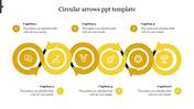 Six yellow arrows in a circular pattern with different icons representing numbered captions on both sides.