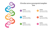 Slide with six curved arrows in purple, blue, green, yellow, orange, and pink, each with an icon and a numbered caption.