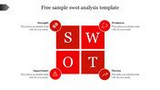Red square SWOT analysis PPT slide with labeled sections for strengths, weaknesses, opportunities, and threats with icons.