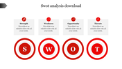 Four segment SWOT analysis with red icons and circular S, W, O, T symbols below each white box caption on a white background.