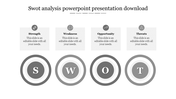 SWOT analysis design with gray circular symbols for each section, connected by text labels above.