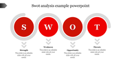 Horizontal red SWOT layout with circular S, W, O, T icons connected by curved gray paths above matching caption boxes.