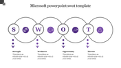 Purple themed SWOT diagram with icons for each category, connected by gray circles and dotted lines.
