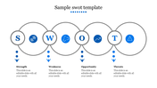 Horizontal SWOT layout with circular segments and blue icons, each leading to descriptive text via dotted arrows.
