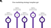 Marketing strategy layout with five upright purple markers, each with a white icon and caption text placed above and below.