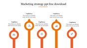 Five orange pointers in a row with icons, representing steps in a marketing strategy process.