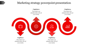 Marketing diagram with red arrows and icons for business tools, gear, people, and analytics in a curved arrangement.