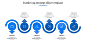 Blue wavy path with six up and down arrows pointing to circular icons representing different marketing strategy steps.