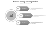 Slide with gray arrow shaped banners connected to circular icons, representing business strategy steps.