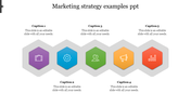 Five colorful hexagons with icons in purple, blue, green, orange, and red, showcasing a marketing process.
