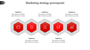 Marketing strategy slide with five red hexagons displaying icons like briefcase, gear, users, megaphone, and bar chart.