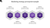 Purple and gray business strategy template with five hexagonal icons, each with an icon and captions on both sides.