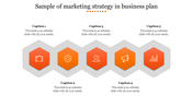 Marketing strategy diagram with five orange hexagonal icons, each representing a different business concept.
