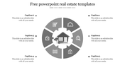 Circular infographic with six real estate icons around a central house graphic, including map, lock, home, and fence symbols.