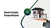 Real estate PPT template with house model image, green accents, curved shapes, clean text boxes, and property slides.