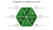 Infographic template featuring a hexagon with six green segments, each featuring a business related icon and text areas.