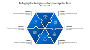Blue hexagon infographic divided into six segments with white icons and matching captions arranged around the shape.