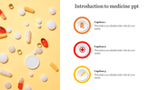 Scattered pills on a yellow background, with three icons representing different aspects of medicine to the right.