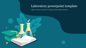 Illustration of laboratory beakers and an open book and caption area against a teal background.