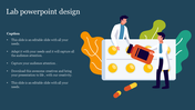 Illustration of scientists working with a large medicine blister pack and pills with a caption in a lab themed PPT slide.