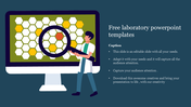 Lab slide with a scientist examining a computer screen with a magnifying glass, showing a honeycomb pattern, with text.