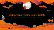 Festive Halloween PowerPoint template featuring a witch flying over a full moon, bats, pumpkins, and a ghost.