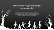 White illustrations of children in Halloween costumes walking past bare trees, and text, set on a dark background.