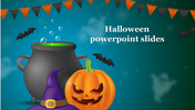 Halloween themed PowerPoint slide with a bubbling cauldron, jack o lantern, witch hat, and spooky ghostly background.