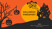 Halloween themed design with a haunted house, full yellow moon, bats, and spooky pumpkins on a dark orange background.
