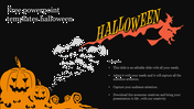 Spooky Halloween PPT template featuring a flying witch, swarm of bats, glowing jack o lanterns, and text on a dark backdrop.