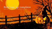 Spooky Halloween background featuring a carved pumpkin with a witch hat, a wooden fence, barren tree, and a spider web.