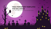 Spooky Halloween scene with a haunted castle, graveyard, bats, glowing eyes, and a large full moon on a purple background.