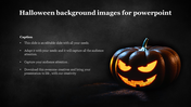 Dark Halloween themed slide with a glowing jack-o'-lantern on the right and text content on a black textured background.