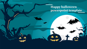 Halloween graveyard scene with glowing jack-o'-lanterns, bats flying against a full moon, tombstones, and twisted trees. 