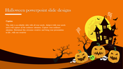 Halloween slide with a haunted house, glowing full moon, jack o lanterns, ghosts, bats, and a spooky tree on an orange theme.