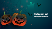 Spooky slide with two glowing carved pumpkins, a ghost, and bats flying against a dark gradient webbed background.