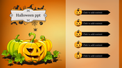 Spooky Halloween design with a jack-o'-lantern, ghosts, bats, spiders, and three section on history, traditions, and symbols.