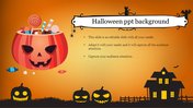 Spooky Halloween slide design with a haunted house, glowing jack-o'-lanterns, bats, a graveyard, and a witch flying.