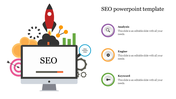 SEO infographic with a computer screen, rocket launch, gears, bar chart, and three circular icons with placeholder text. 