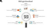 Slide featuring various SEO elements with color coded icons and placeholder text.